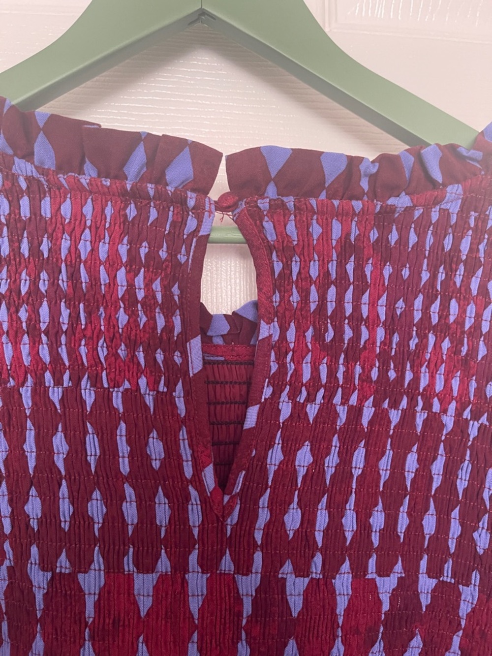 NWOT...Sugarlips Burgundy and Periwinkle Geometric Smocked Mini Dress - Picture 6 of 7